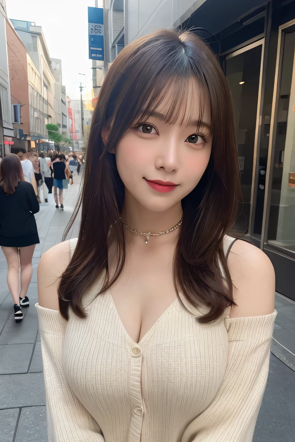 masutepiece, Best Quality, Illustration, Ultra-detailed, finely detail, hight resolution, 8K Wallpaper, Perfect dynamic composition, Beautiful detailed eyes, doress,Medium Hair, mid-chest, Natural Color Lip, Random and sexy poses,Smile,Aoyama Street Walk、20 years girl、Colossal 、Too much exposure、No shoulder knitwear(shuicolor)、Exposing the chest、Slid、Choker with chain, Large Breasts, Slim body,