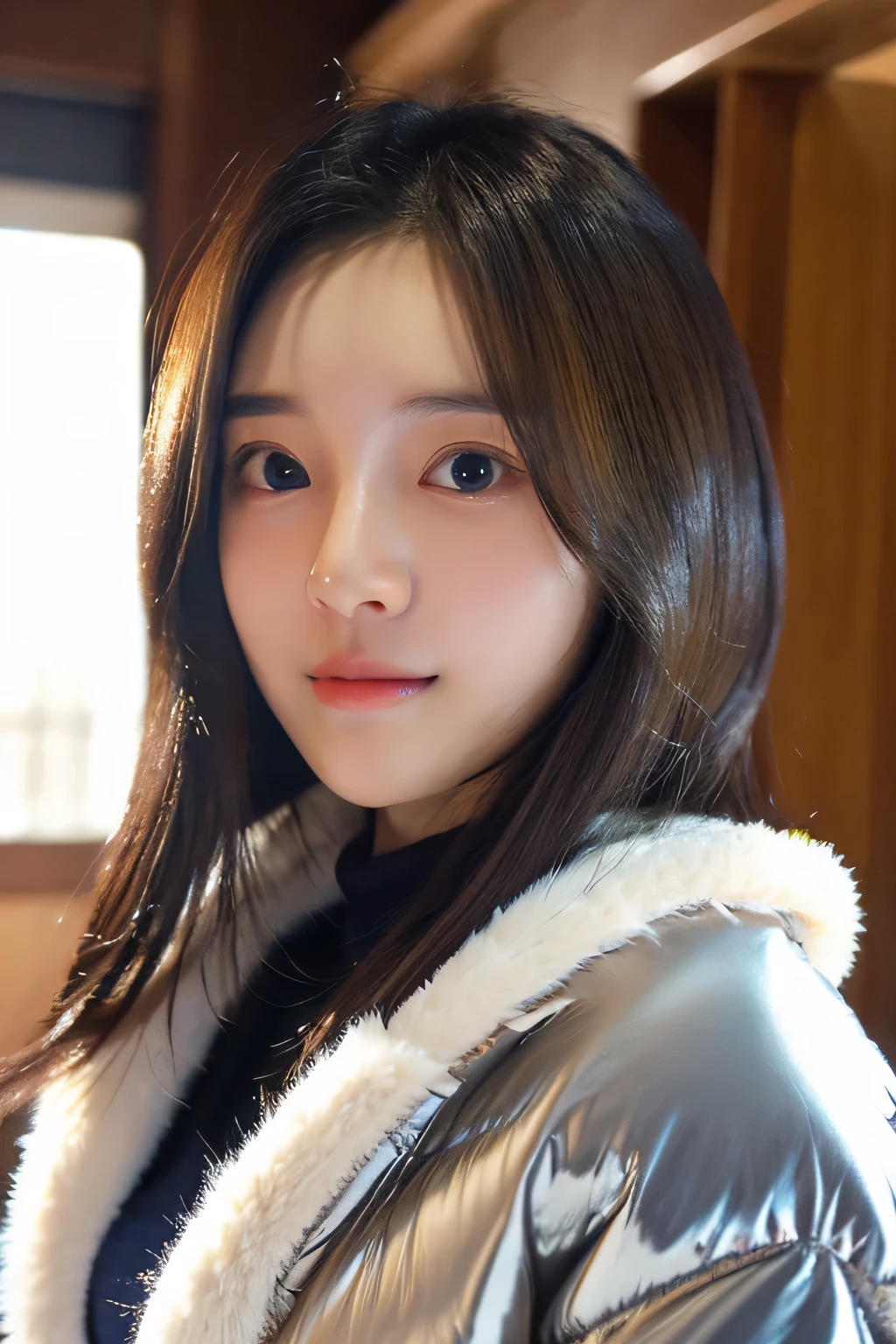 girl korean cute face ((best quality)), ((masterpiece)), (detailed), perfect face, silk tight navy blue moncler puffer coat, seductive, face and body focus, medium breasts, casual clothes, photorealistic, fluffy fur hood, photorealistic, photograph, shiny blouse, background her home, Selfi Korean