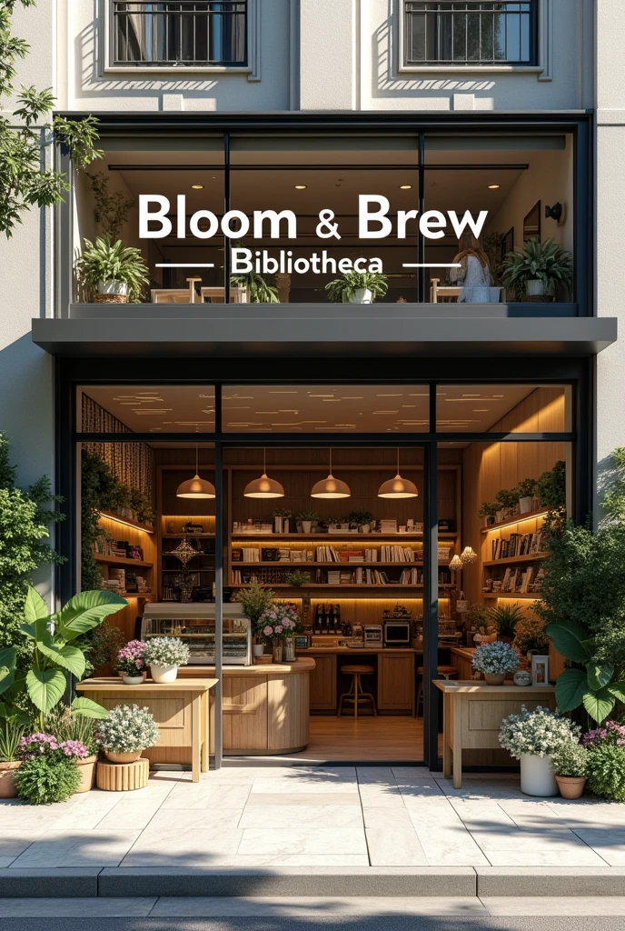 Exterior modern aesthetic and a light vibe of café with flower shop and book shop. EMPHASIZING the name of the shop "BLOOM & BREW BIBLIOTHECA".