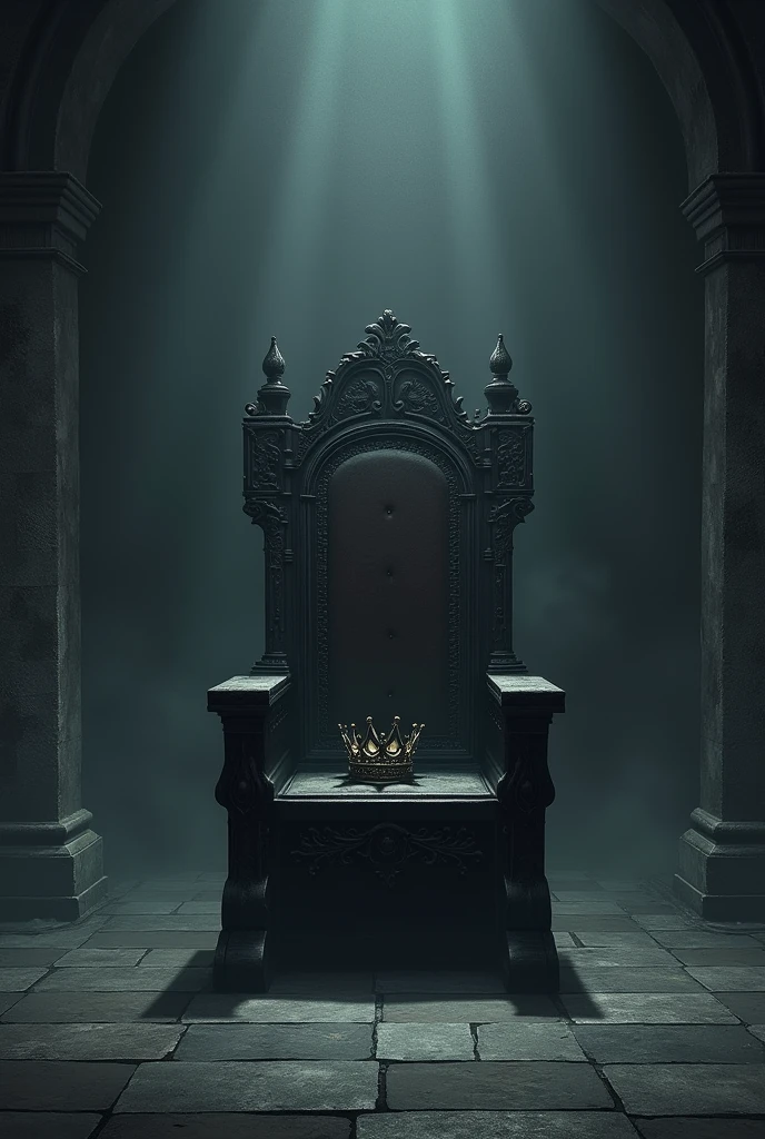 A scene from inside a castle, focusing on an empty queen&#39;s throne and her crown on the throne symbolizing emptiness 