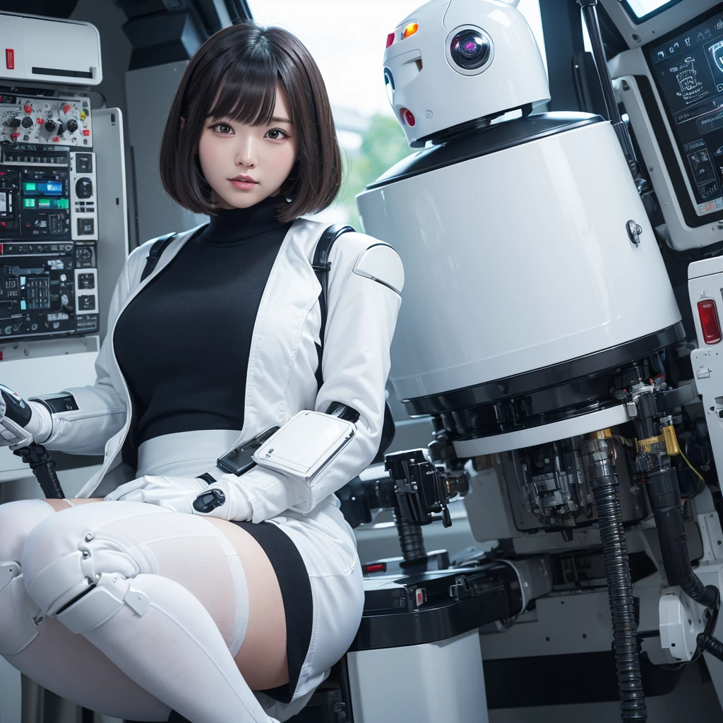 Japanese female android,Black Hair,Factory Cockpit,Secured to the seat with a thick harness,Plump,Slightly thicker,Squat,Shiny white robot suit,Robotic arms and legs,Surrounded by switches and monitors,