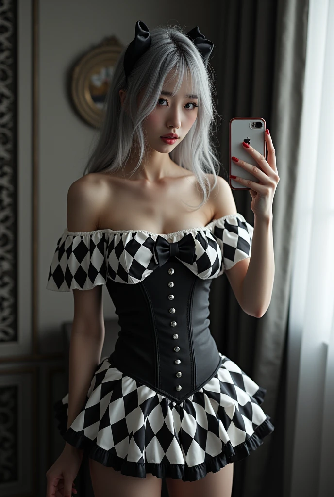 highly detailed, beautiful, hyper Realistic girl, masterpiece, best quality, Depict a mysterious and sophisticated beautiful Japanese gravure model,, 28-years-old, identity hidden, all body shot, / gray arranged hair, small head, Detailed face, cute and Pretty slim face, wide Duck mouth, perfect beautiful Tooth, arranged gray hair, shiny eyes, blue-colored eyes, Realistic skin, Detailed face, sexy Pierrot Costume with cool taste, Opt for a fitted corset bodice with black and white diamond patterns, accentuating the waist, Layer with a ruffled, off-the-shoulder blouse in contrasting black and white hues, adorned with oversized bows for a whimsical touch, Pair with high-waisted black Leggings, featuring exaggerated ruffles or pleats for added volume and drama, Accessorize with black and white striped stockings or tights, and patent leather ankle boots with oversized buckles for a modern twist on classic clown footwear, //// Monotone simple modern taste single room, mirror, complicated background /// takes a selfie in her room using a smartphone in front of a mirror with one hand, standing and fashion model Posing, looking away from the camera,
