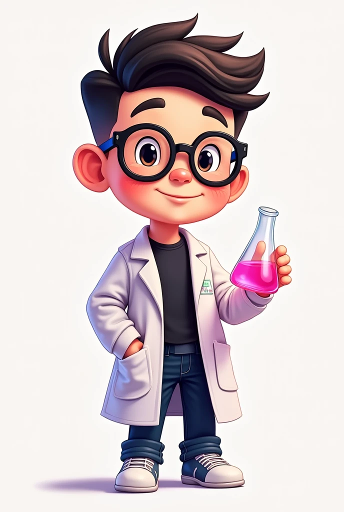 A full-body cartoon character in chibi style with a height of 185 cm, weight of 95 kg, and a slightly chubby build. The character should have a medium fade haircut and be wearing the glasses shown in the image provided. The character is holding a Erlenmeyer flask with a very light pink phenolphthalein solution,The character is also wearing a lab coat similar to those used in chemistry labs, with the overall style being bright, colorful, and in the same smooth lines as the previous images. The background should be simple to keep the focus on the character. ผิวคล้ำๆ ผมหยักศก เสื้อด้านในเป็นสีดำ รองเท้าสีขาว