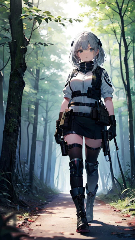 (Highest quality:1.2), (Super detailed:1.2),(masterpiece:1.2),(8k:1.2),(Blessed,Captivating body、Very detailed, neutral facial expression, figure, full body view, looking at viewer, black boots, holding desert eagle with silencer , character for rainbow six name is nokk , military vest . female woman , operator , green and black uniform military , Ghillie head gear , 1 girl . back round is in a dark woods .