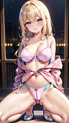 (((night,真night中))),(whole body),(((Cinema Lighting))),((Perfect Anatomy:1.2,Realistic:1.3,RAW Photos:1.3,masterpiece、Highest quality、Ultra - High resolution、High resolution、Highly detailed CG、8k)),((attractive way to sit)),((secret)),1 female,alone,1、High school girl beautiful girl,Japanese,((Beautiful and graceful face and eyes:1.2,Big beautiful eyes:1.0,)),(Bright Eyes),((Beautiful woman))、((blonde)),Long Hair,(Center parted hair:1.4,amount),Mid-chest,((The body is slim)),Large Breasts,skinny,(Brown Skin:1.8),((Oily skin,Glowing Skin,Glowing Skin,Sweat:1.4)),((Model pose)),(((kimono:1.0))),{{{Take off}}},(prostitution),shrine,((Turn your body forward)),Stick out your crotch、(Detailed depiction of the crotch),(((Raise one knee:1.3))),break,(((Satin Bra)))、(((satin panties)))、(Shiny bra:2),((Shiny panties:2))、(((Pastel colored underwear:1.6))),((((Bra and panties are painted in the same color))))、((Shiny bra:2)),((Shiny panties:2))