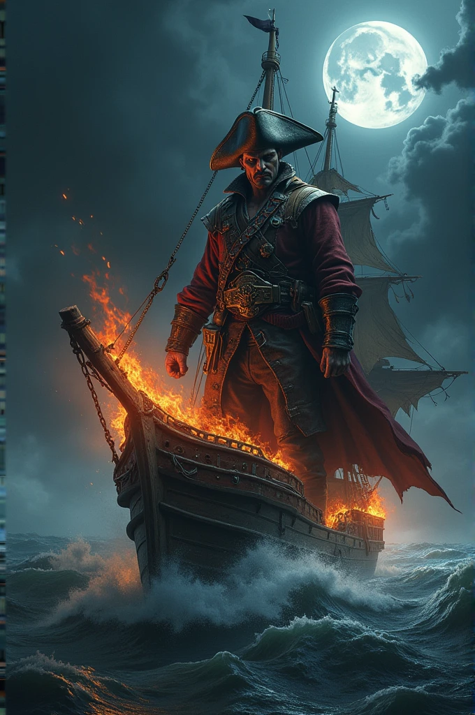 A pirate with fire and fierce on a big ship with long cloth and flag on a stormy wavy sea and black foggy moon night
