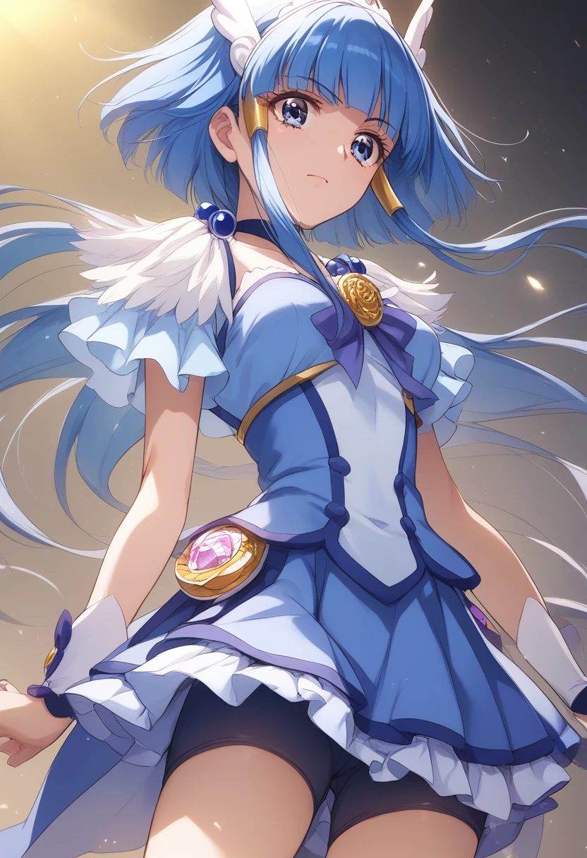 (Best Quality, masterpiece, high resolution),((unreal engine)),solo,
 cinematic lighting, beautiful face,athlete,young adult,  blue hair,cure beauty, fully clothed, , Detailed clothes, break ,  dark blue compression shorts to tight ,  bouncing breasts   dynamic shadow,  leggy ,    clothes reflecting light ,dramatic angle ,  hands at sides ,  open stance ,  