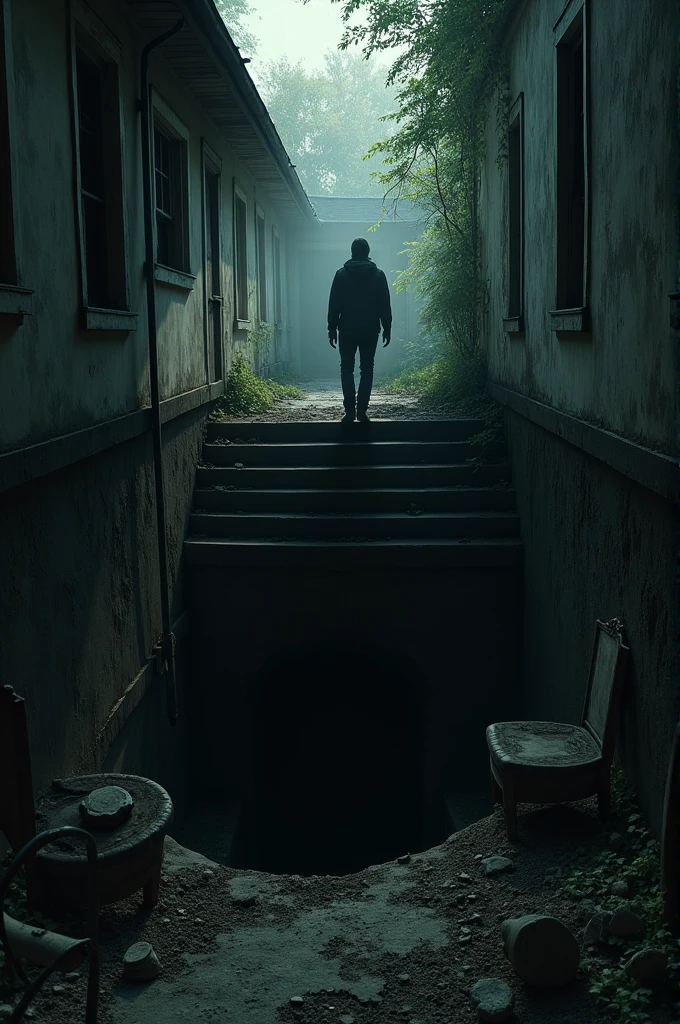 I want pictures of someone going into a basement in an abandoned house