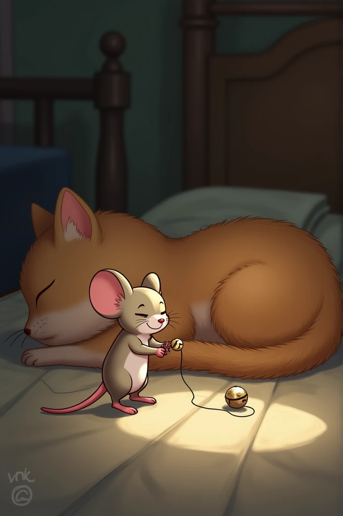 A tiny mouse, Scamper, with a mischievous grin, tying a small bell to Whiskers' tail with a thread, while Whiskers sleeps.