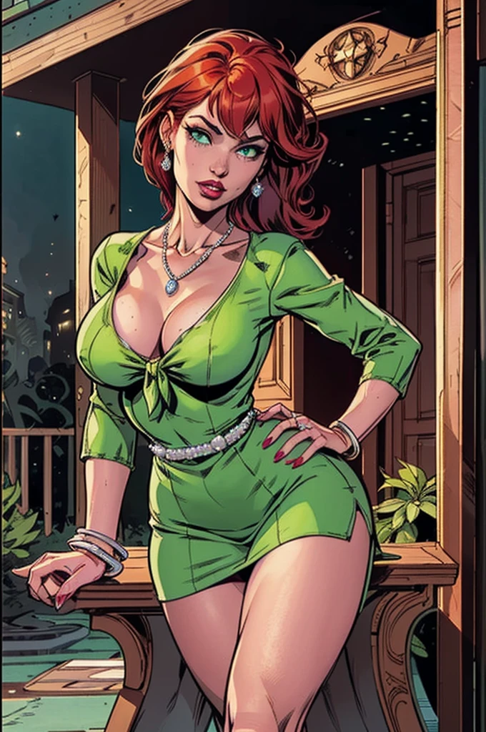 Mary jane wattson,Sculpted calve,Wide hips,Big breast,v neck Cleavage,Long sleeve Socielite dress,Skindentation,Green dress,Pearl dress,Hoopa bracelet,Green Drop jewel erring,Eyeshadow,((Diamond wedding ring)),Jewelry ring,Fancy Necklace,High ponytail Bun Hairstyle with Blunt bang hair,Short skirt,Heels,gaze on viewer,Fancy House background,1hand on hips,Long nail,Body facing viewer,Enchanced breast,Full tied hair,Detailed face,Bare nape,Busty,Green eye,Norman osborn wife,Detailed eyes,throphy wife