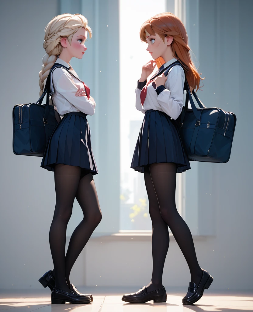 score_9, score_8_up, score_7_up, 2girls, 1girl (Anna) and 1girl (Elsa), side view, (full bodies in view), school uniforms, black school shoes