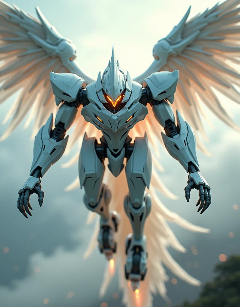 a mecha phoenix made from white metal, soaring on the sky in high speed, cinematic lighting, spreading the wings, glowing orange eyes, iron claw