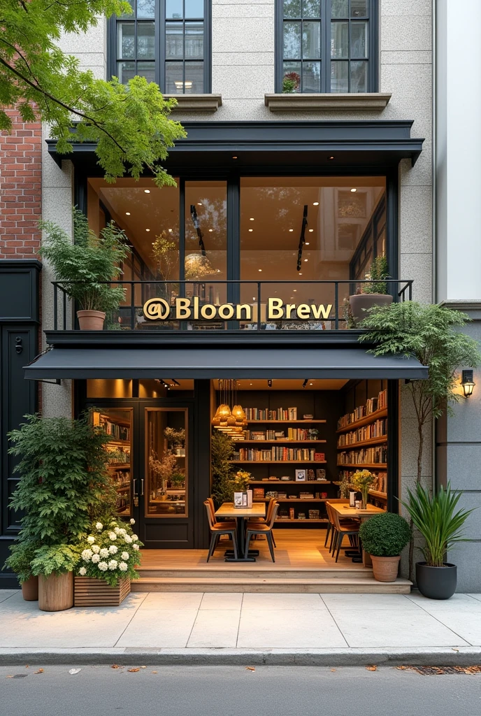 Exterior modern aesthetic and a light vibe of café with flower shop and book shop. EMPHASIZING the name of the shop "BLOOM & BREW BIBLIOTHECA".