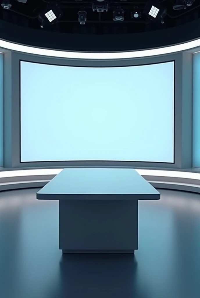 An image that looks like a news broadcast,It contains a large curved electronic screen,No characters in it,There is only one scene,There is also a rectangular table,The table is in front of the screen