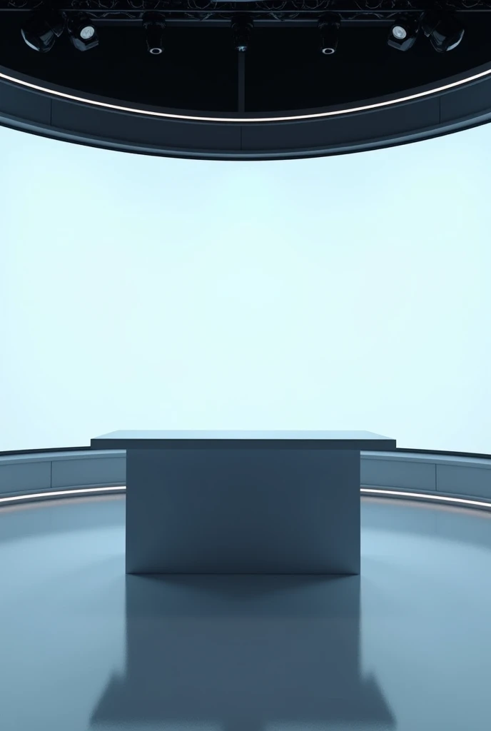 An image that looks like a news broadcast,It contains a large curved electronic screen,No characters in it,There is only one scene,There is also a rectangular table,The table is in front of the screen
