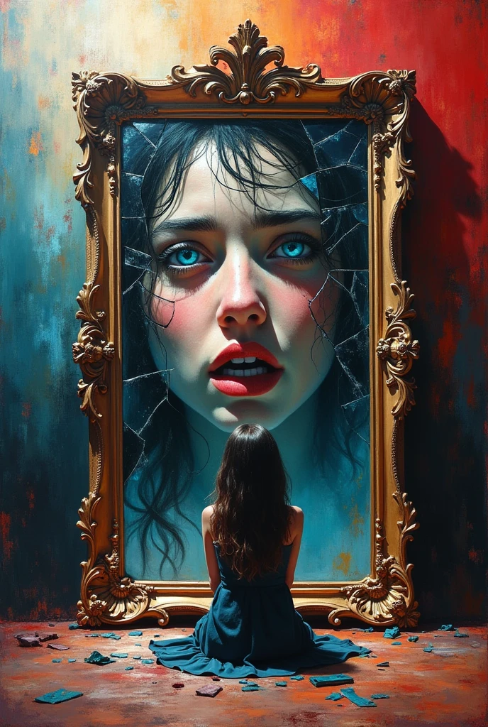 A girl sitting down with a fragmented mirror on a large canvas. Bright, clashing colors swirl violently in the background. Distorted, anguished faces are visible in the mirror shards. The brushstrokes are chaotic and intense. The scene conveys deep emotional turmoil and inner conflict. The overall effect is unsettling and vivid, capturing raw, expressive emotion.