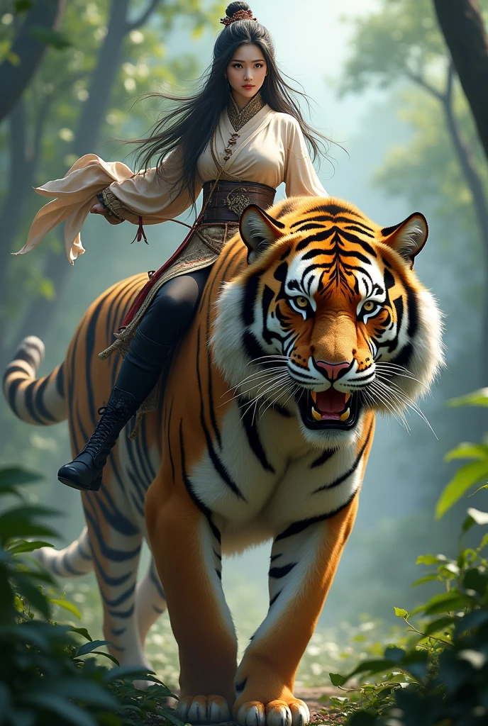 1 beautiful Korean adult woman,smile,long hair blowing in the wind.wearing a Chinese war shirt,and trousers.war boots.holding a sword.war style.strong.riding a giant tiger in the jungle, very big tiger, front look, facial details.