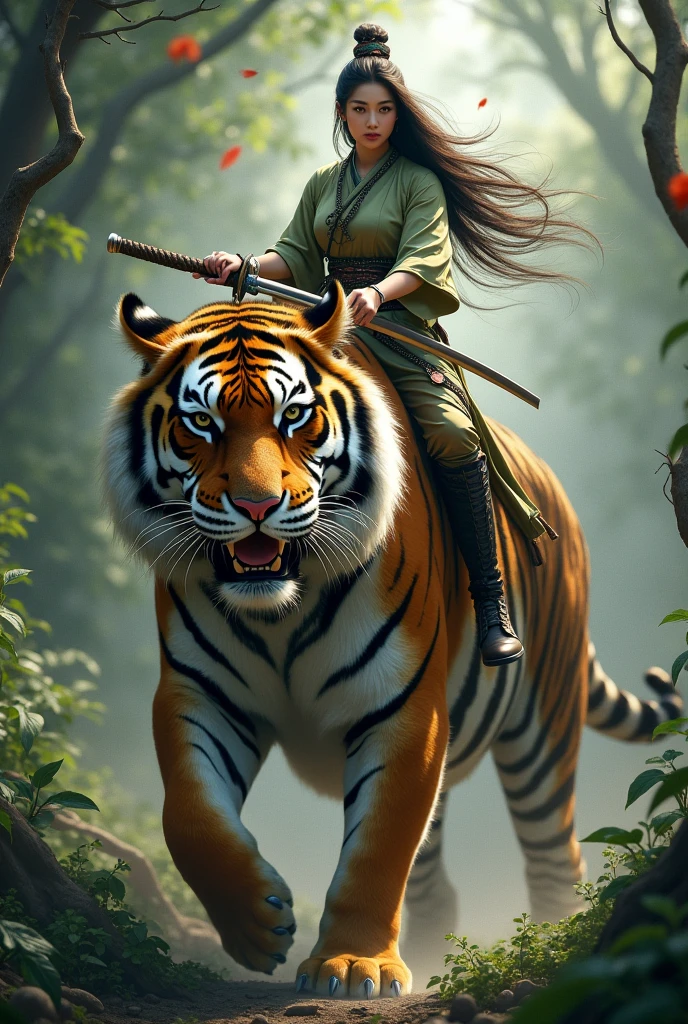 1 beautiful Korean adult woman,smile,long hair blowing in the wind.wearing a Chinese war shirt,and trousers.war boots.holding a sword.war style.strong.riding a giant tiger in the jungle, very big tiger, front look, facial details.