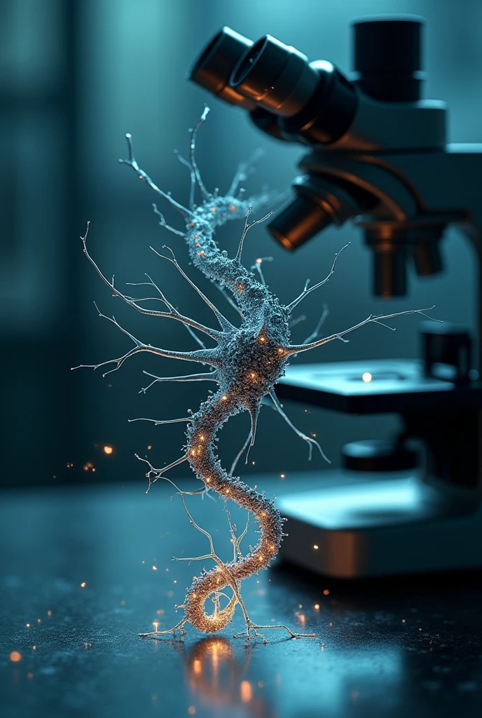 a neuron coiled around a pen-shaped rod and a microscope