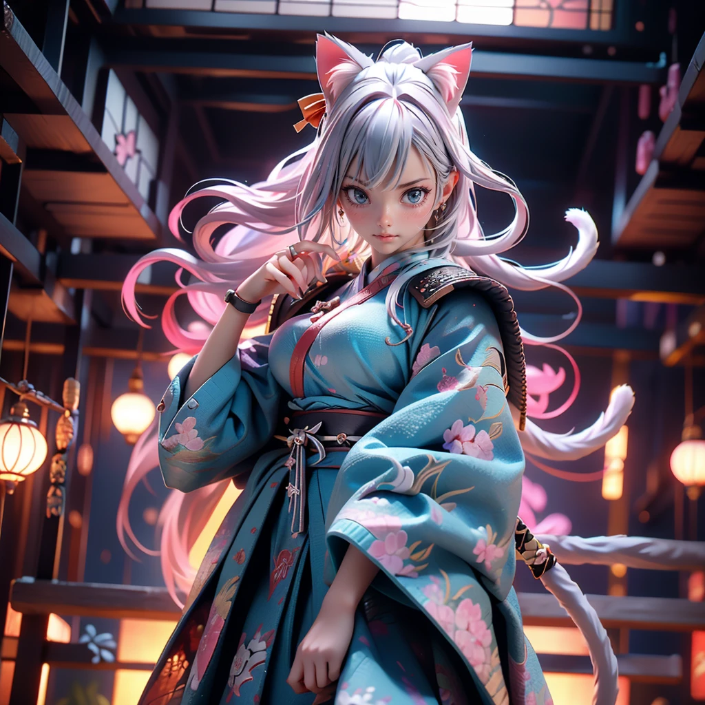 Moisturized Skin, (blue eyes), Realistic body, (Adult female body), Attractive breasts, Overlord color supremacy, Energetic, 3DCG, front, Pink lipstick, (Silver Hair), ((Cat ear)), Beautiful Hair, Long Hair, ponytail, (((Samurai Armor: 1.3))), ((masterpiece + Highest quality + High resolution + Very detailedな)), (whole body: 1.2), A fine Japanese sword on his waist, Perfect fingers, Perfect limbs, Depiction from above, Anatomically correct, Textured skin, Very detailed,