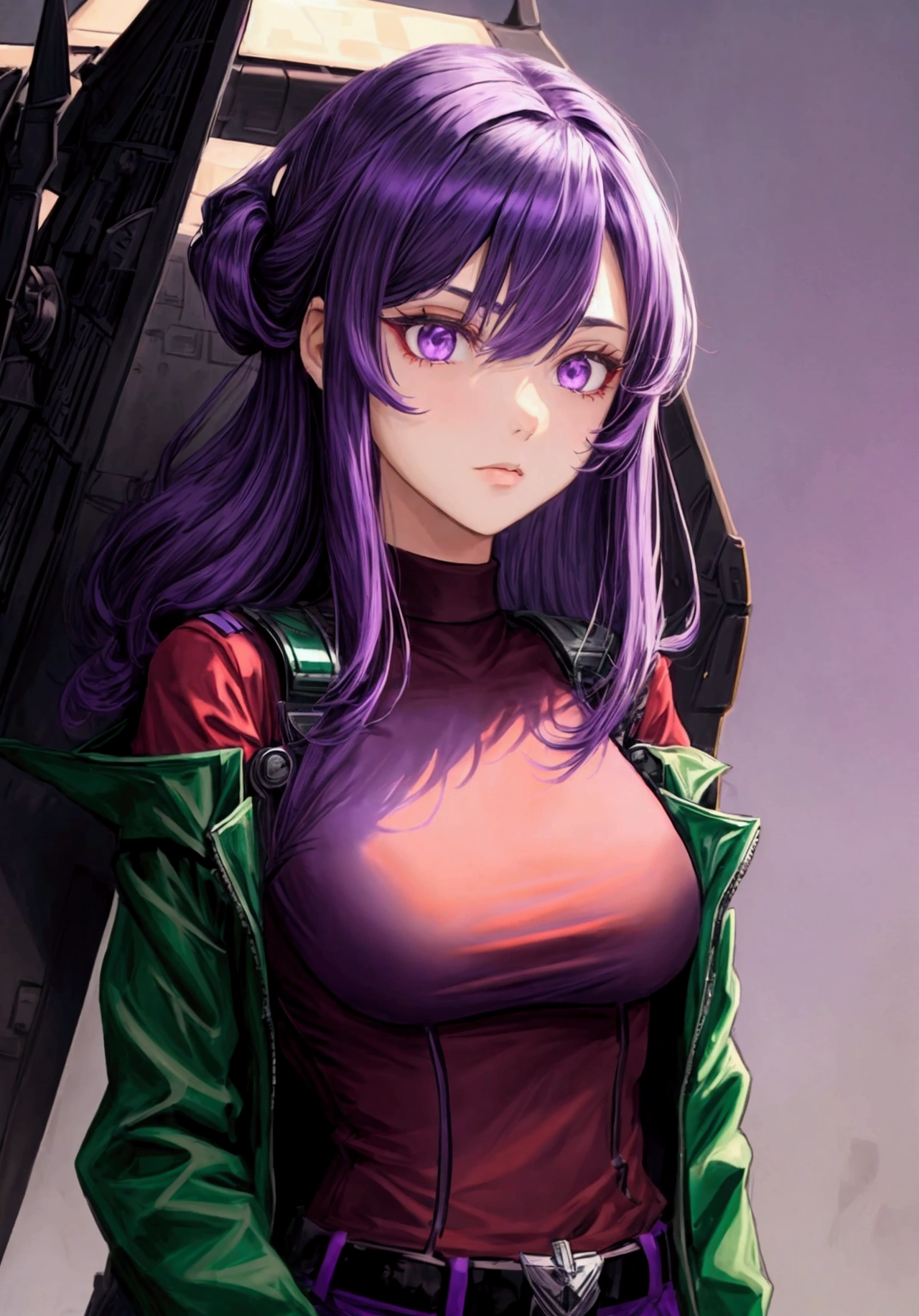 (a beautiful and cool girl),(medium hair), (straight hair), (purple hair), (red shirt), (black coat), (dark green shoulder reinforcement), (ace pilot), (purple eyes)