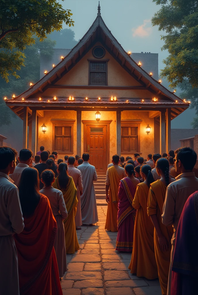 बहुत सारे लोग एक घर सामने खड़े हैं जिस पर मिट्टी के दीपक लगे हुए हैं