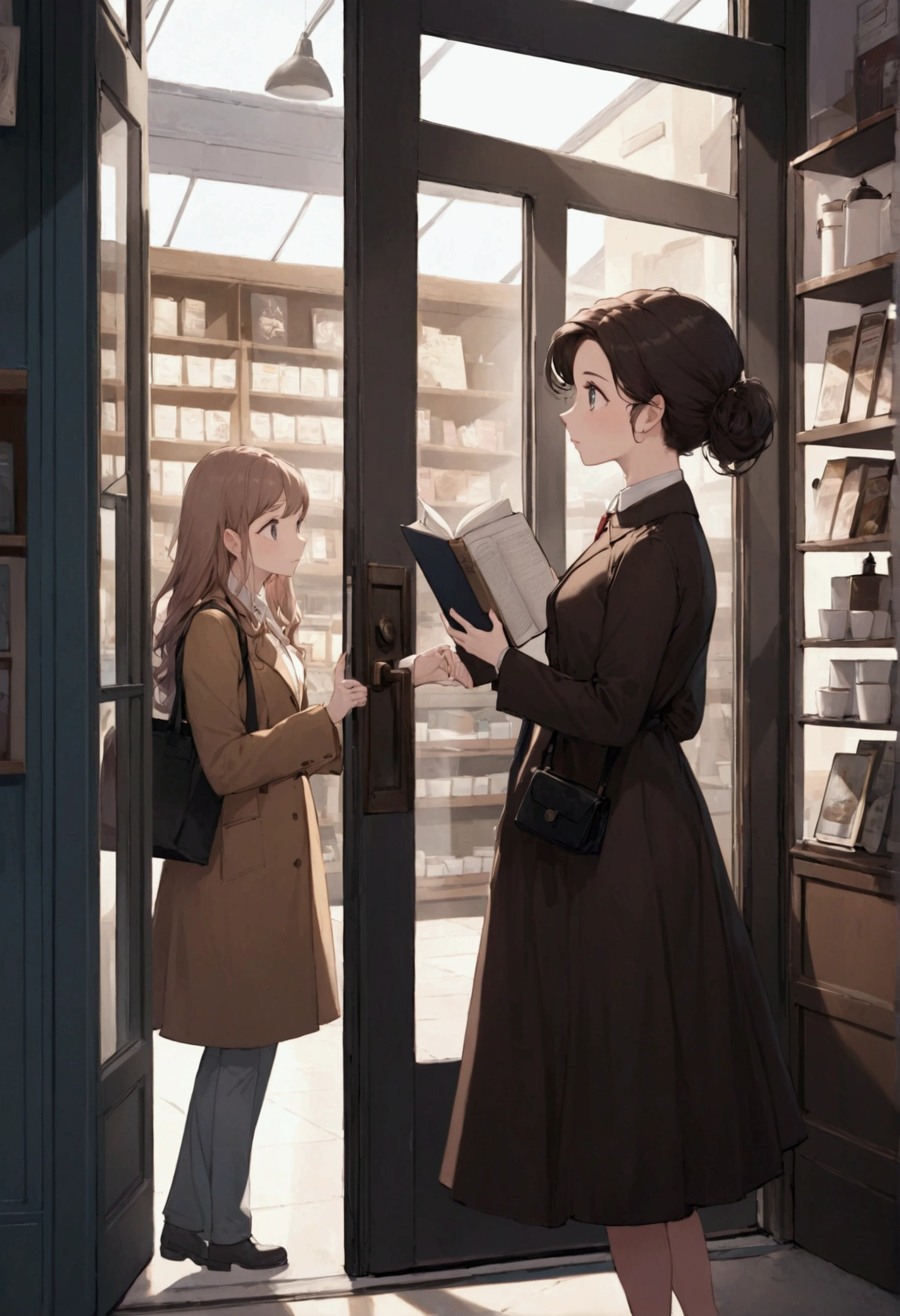  Angle view  .LS/TILT/Dolly looks at Amy who is walking in through the shop door.] When she ordered coffee, she saw White reading a book that she was interested in, so she walked towards where White was sitting.     