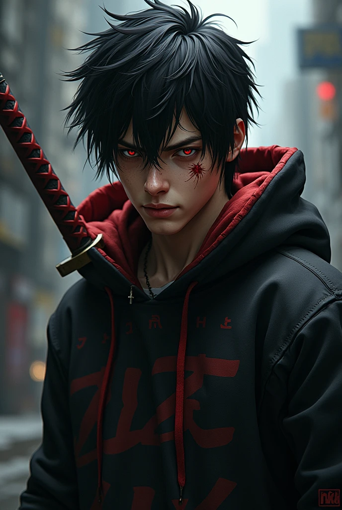 An injured male character with red eyes, black hair tossed to one side, black sweatshirt with red details, and a katana