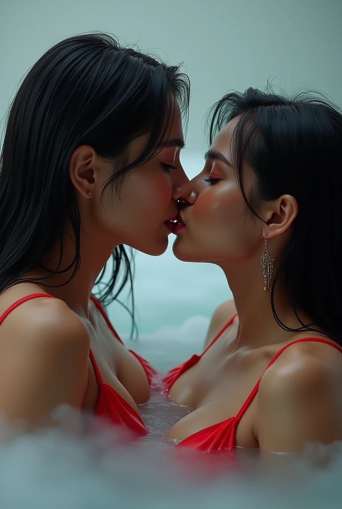 In bathroom  in bathtab open-air bath, indian  hot couple soaking up to their shoulders, eyes closed, indian hot couple deep kissing, black hair, red bikini, water is cloudy, high resolution, professional lighting, high precision face and Texture of skin, hair and skin drenched in sweat, close-up of face.Girl  alike pornstar and lips like red colour and skin feel 