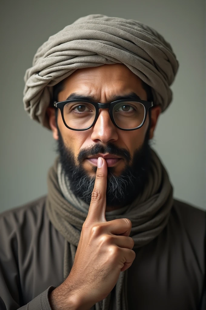 A man with beard and glasses wearing Muslim headgear putting his index finger at his mouth