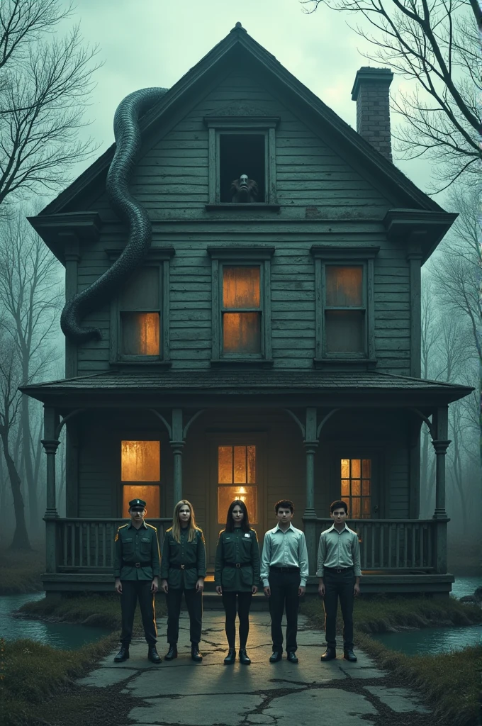 Haunted house between water source, large snake on the upper floor. On front five black teens wearing short school uniforms covered with blood seeking for help. Tittle of the book written "NO ROOMS FOR HUMAN"