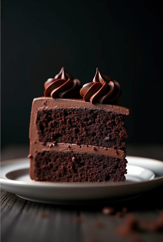 cinematic film still chocolate, chocolate cake, dark background, quality photo, moist texture, frosting, studio photo, slice . shallow depth of field, vignette, highly detailed, high budget, bokeh, cinemascope, moody, epic, gorgeous, film grain, grainy