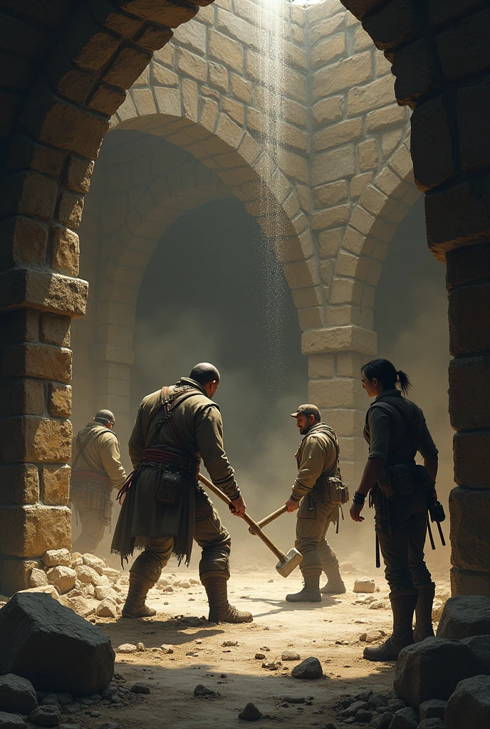 I want you to create a scenario of a situation that happened in my RPG session.: A cramped, suffocating chamber with ancient stone walls, covered in cracks and thick dust. The ground is full of loose rock fragments. The bricklayer, with a sweaty and concentrated face, is repeatedly hitting one of the walls with a sledgehammer, making pieces of stone fall and roll across the ground. With each strike, the wall shakes.

In a corner of the chamber, the cartographer is stopped, immobile, observing the cracks that spread across the wall, as dust gathers around you. on the other side, the female engineer is running towards the bricklayer, trying to reach the sledgehammer handle. The atmosphere is heavy with dust in the air and the sound of falling rocks. The lights are dim and the space is clearly cluttered., with an imminent risk of collapse.
