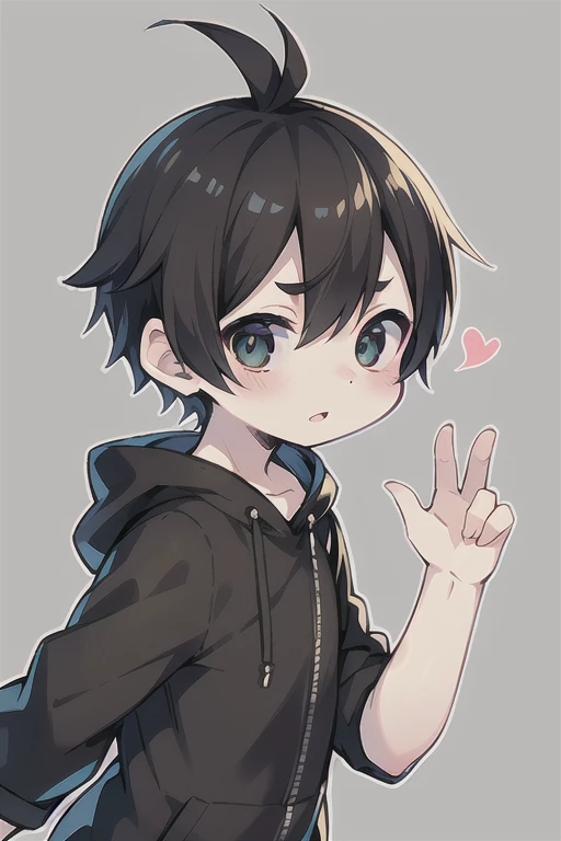 Highest quality, (high quality),eye highlights,arms are thin, thin body,face, from side,look at viewer,droopy eyes, put your hand on your cheek,shy,blush,open your mouth and laugh,(((chilled boy))), (1 boy),(black hair),((very short  hair)),parka,heart background,