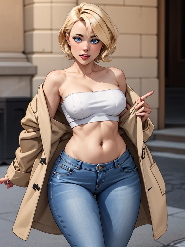 (best quality, 8k, highres, photorealistic:2.0), (solo, one girl:2.0),(lighting:front),(lighting: strong),(Photographed in the downtown area:2.0),(american beauty:2.0),(elderly woman:2.0),(women is very muscular:2.0),(shiny skin:1.5),(oily skin:1.5),(platinum blonde hair color:1.5),(ultimate beautiful women),(very elegant woman:1.3),(Wearing tiny sexy panties:1.6),(sexy lingerie:1.5),((jacket zip full open)),(navel is visible),(abdomen is visible),(waist is visible),Blush brown makeup , dark eye makeup ,pink lipstick,(big eyes women:1.3),(intense sex appeal:1.5),(expensive necklace),(I derive pleasure from being naked outdoors.),(get pleasure from being seen by someone),(Feeling ashamed of being seen naked outdoors),(She is forced to walk outdoors in her underwear),(My nipples are severely erect:1.5)