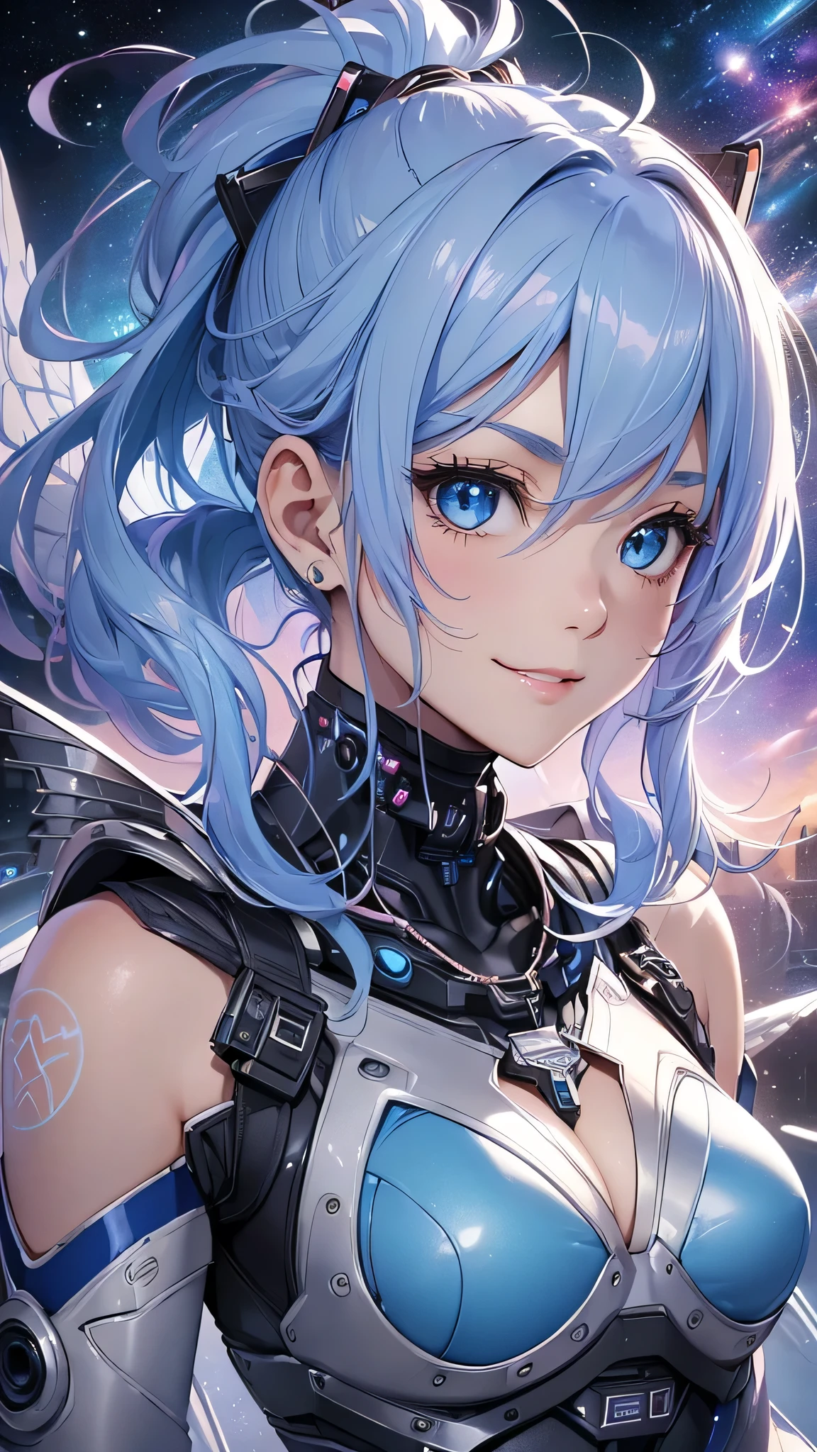 最high quality、Best image quality、masterpiece、and((cute、1、Best Bust、Medium Bust、Beautiful Blue Eyes、Spread your chest wide,Pastel colored hair、ponytail、Disheveled Hair、thin、Highest valley、Cyber Suit、smile、necklace、Show the whole body、Cyber Wings、Random Pause))high quality、Beautiful art、background((universe space)),Tabletop、Exquisite design、Visual Arts、Written boundary depth、Best lighting、Highest detail、8k