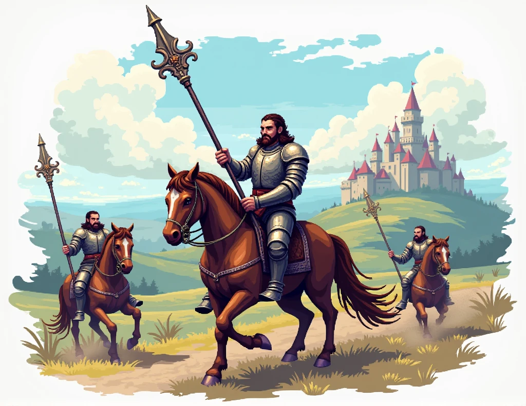 pixel art, 16-bit video game character design, man riding horse with lance, various perspectives