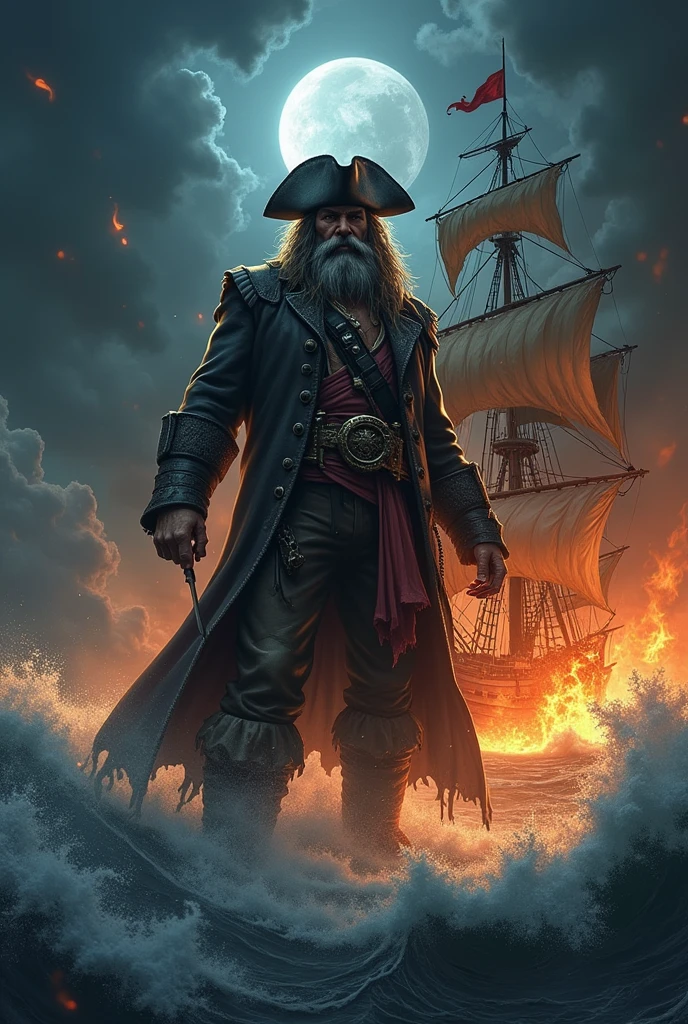 A pirate with fire and fierce on a ship with cloth and flag on a stormy wavy sea and black foggy moon night