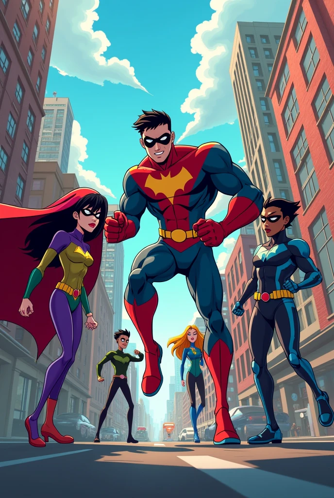 The Teen Titans, dynamic poses, streets background, cartoon style art style, 8k, bokeh, very detailed, very accurate representation of The Teen Titans