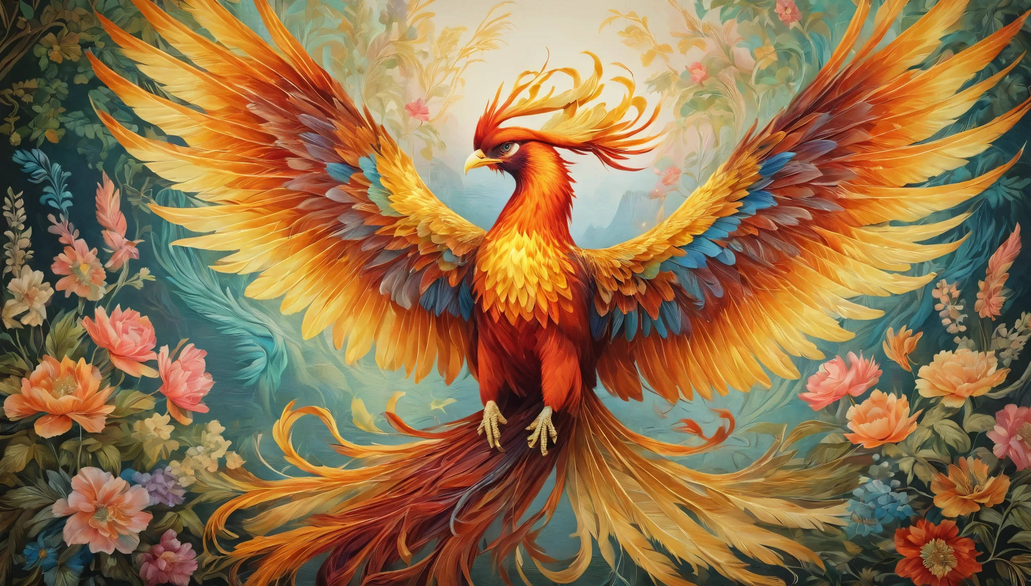 Pale colors, ((Astonishingly absurd)), Ultra high resolution, Attention to detail, High quality, High resolution, Top quality, 4K, 8k, Artwork, Fantastic work,embroidery、Old tapestry、Phoenix、Phoenix、spread your wings wide、Long tail feathers are distinctive