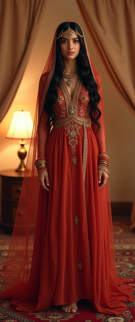 Front view , ((Full-body, standing pose, in Arabian tent, floor Persian mat, lamp light), a Persian ancient girl, looking at viewer, exotic Persian girl is 20 years old, (Black hair ,long hair, Brown eye, (Her eyes were outlined with kohl:1.3) , little Lips, smile, Gorgeous head band with jewel), (big breasts, wide hip), (She wore a knee-length light red gorgeous design gown adorned with intricate embroidery, complemented by gold bangles and necklaces. A second, longer shawl covered her head and shoulders), (framing her face like a White see-through veil), ((Surrealism, Verism, UHD, retina, masterpiece, anatomically correct, accurate, textured skin, super detail, high details, high quality, best quality, highres, 8k))