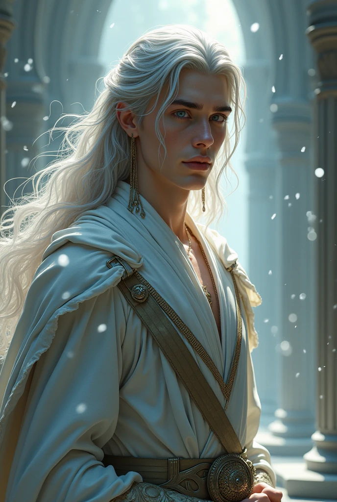 a young man in his twanties, he is from fantasy world, his is king in air kingdom, he has silver deep eyes, he is tall and skinny but very athletic, he has long silver hair and beautifal face, his eyes pop out, he is real king, he has baby face but his face is magnetic