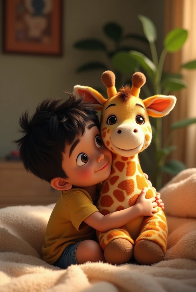 Latino boy lovingly hugging his Pixar-style plush giraffe