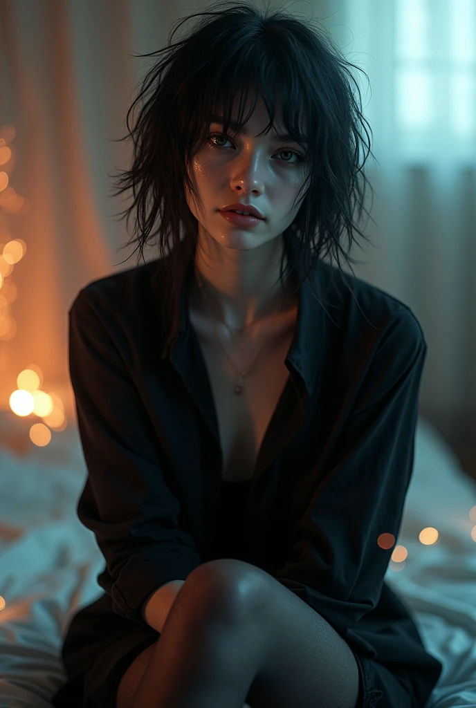 masterpiece, best quality, extremely detailed CG unity 8k wallpaper, masterpiece, best quality, bags under eyes, 1girl, goth, black shirt, rolled up sleeves messy hair, sitting on bed, bangs, black stockings, bokeh photography, (soft focus):1.2, out-of-focus highlights, dreamy ambiance, glowing circles, mesmerizing depth,Depth of written boundary