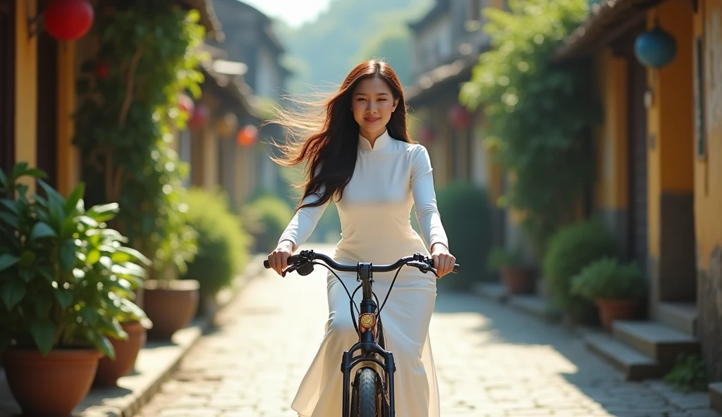 Make a photo of a Vietnamese female model wearing a white Ao Dai. Riding a bike on an old street. 50mm lens. bright. realistic. Focus your eyes well. Full shot. 