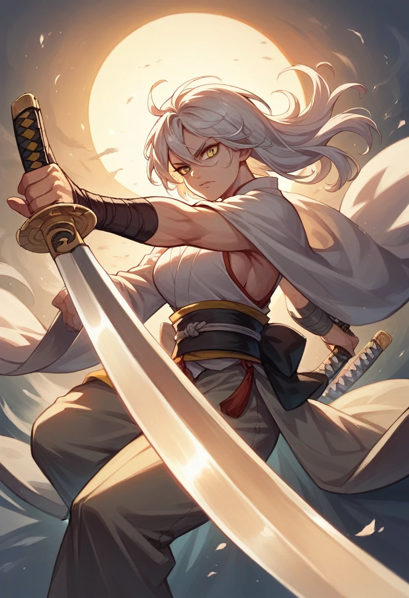 female samurai,beautiful,The old days,Woman 1,holding a katana sword,best pictures,white hair,Golden yellow eyes,sexly,Action,