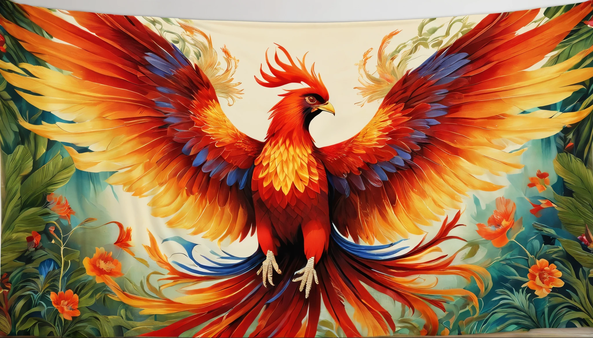 Pale colors、Wall hanging tapestry, ((Astonishingly absurd)), Ultra high resolution, Attention to detail, High quality, High resolution, Top quality, 4K, 8k, Artwork, Fantastic work,embroidery、Old tapestry、Phoenix、Phoenix、spread your wings wide、Long tail feathers are distinctive、Red-themed artwork