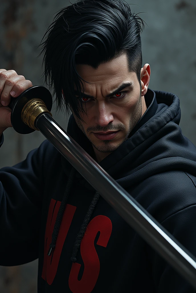 AN angry male character with red eyes, black hair swept to one side, a black sweatshirt with red details, and a katana