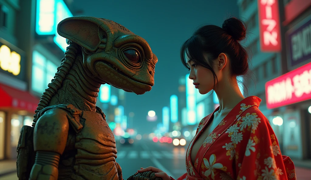 (Masterpiece. Uhd. Photorealistic analog photography. 1950 style) an ultra hot gorgeous (Swedish:0.2,Japanese:0.3)woman. Age 23. Voluptuous hourglass body. Gorgeous face. Bun.Epic cleavage (100 Dd size)) shaking hand of E.T the extraterrestrial.Wearing a random color expensive Yakata. In cyberpunk retro futuristic Neo Tokyo. A 1930 clunky and rusty evil war robot in the background. ((At night time))