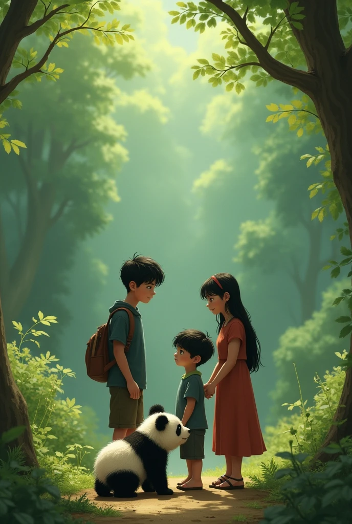**Saying Goodbye:**
- Liam and his family standing at the edge of the forest, with panda looking back at them.
- A heartfelt farewell scene with Liam and baby panda sharing a tender moment, perhaps with baby panda giving one last affectionate glance.
- The forest background, with panda gradually blending into the greenery as he returns to the wild.